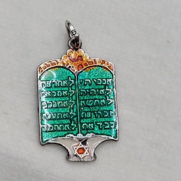 Handmade sterling silver enameled ten commandments pendant with green and orange colors. Dimension 1.6 cm X 2.8 cm approximately.