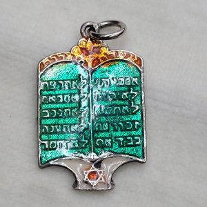 Handmade sterling silver enameled ten commandments pendant with green and orange colors. Dimension 1.6 cm X 2.8 cm approximately.