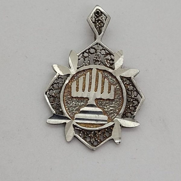 Handmade sterling silver Yemenite filigree Menorah pendant diamond shape, and diamond cut finish for a sparkling look 3.2  cm X 2.2  cm approximately.