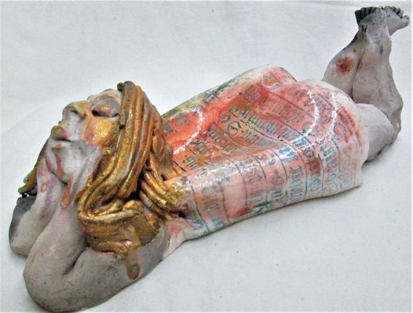 Handmade glazed Roku ceramic sculpture princess lying and dreaming of her charming prince made by S. Factor 30.5 cm X 10 cm X 12 cm approximately.