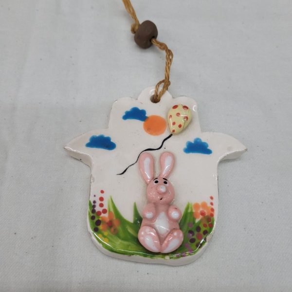 Pink bunny ceramic Hamsa glazed wall hanging handmade by Raheli with blue horse .Hamsa is considered in this era as an amulet to protect from the evil eye.