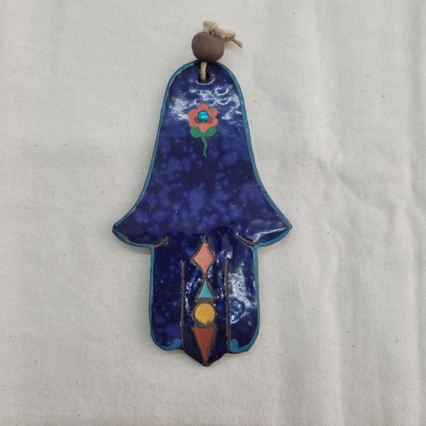 Nurit the artist has made this rich looking Chamsa blue Hamsa glazed ceramic from hard clay and has engraved on the back side Chai and Jacob's blessings.