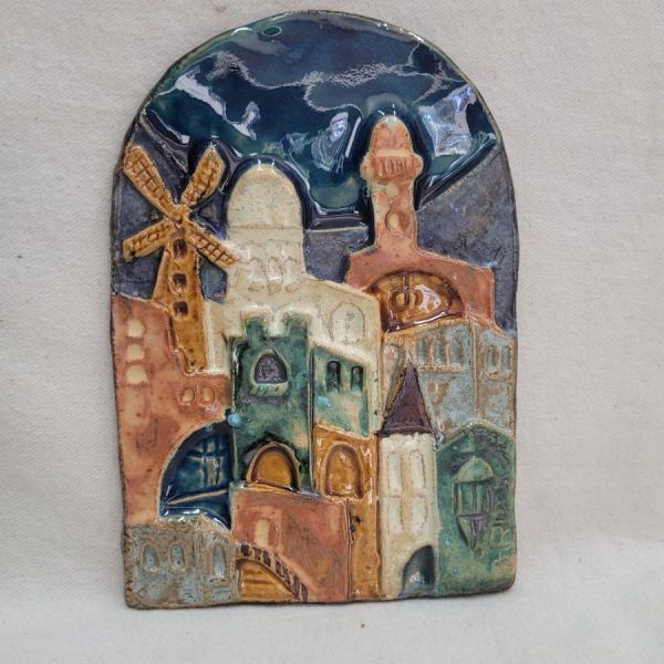 Handmade glazed ceramic tile Montefiore windmill with many more typical Jerusalem houses design. Dimension 11 cm X 15.5 cm approximately. 