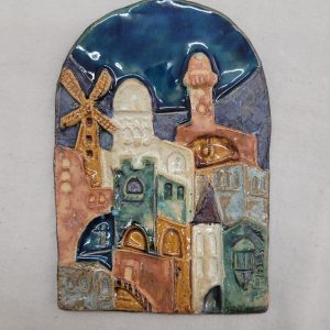 Handmade glazed ceramic tile Montefiore windmill with many more typical Jerusalem houses design. Dimension 11 cm X 15.5 cm approximately. 