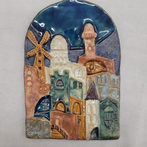 Handmade glazed ceramic tile Montefiore windmill with many more typical Jerusalem houses design. Dimension 11 cm X 15.5 cm approximately. 