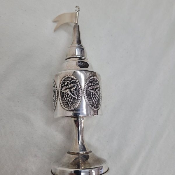 Handmade sterling silver Havdalah spice grape leaf Bessamim box tower with silver pressed grapes design around, diameter 5 cm X 17.7 cm approximately.