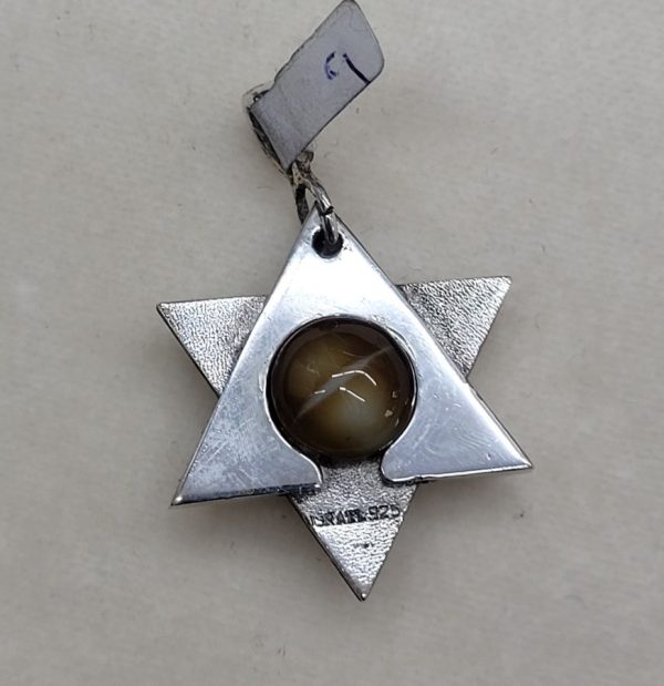 Handmade sterling silver MagenDavid pendant cats eye stone, contemporary Magen David star shape set with brown cats eye stone.