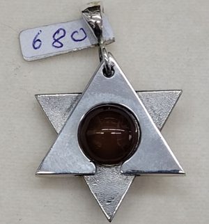 Handmade sterling silver MagenDavid pendant cats eye stone, contemporary Magen David star shape set with brown cats eye stone.