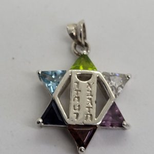 A classic shape sterling silver Magen David star pendant colored David star triangle Zircon stones to fill the star angles and the ten commandments tablets. 