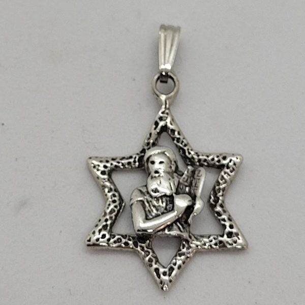 Handmade sterling silver pendant Moses ten commandments tablets on a Magen David star. Dimension 1.9 cm X 3.2 cm X 0.3 cm approximately.