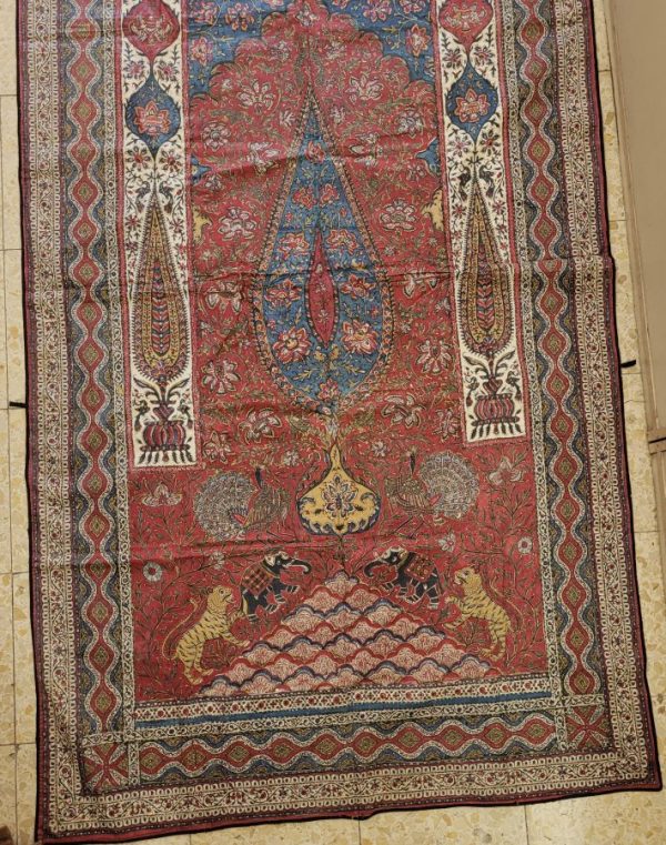 Handmade Ghalam Kalamkari 19th century, printed cotton with natural colors made by vegetables & fruits, in prayer design having cypress trees and peacocks.