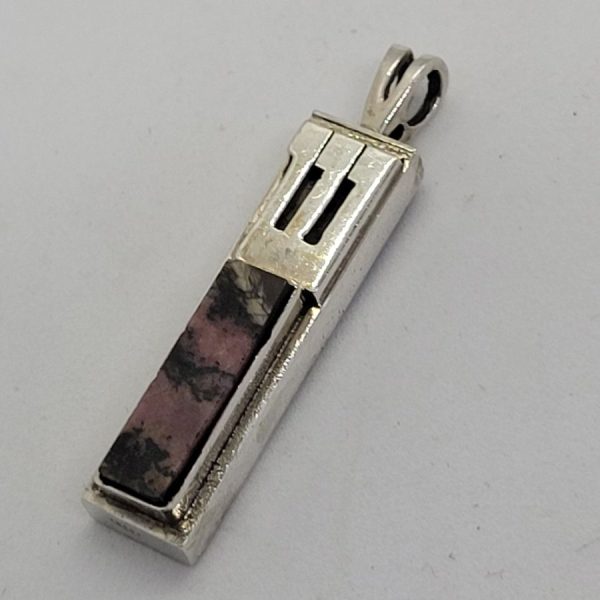 Handmade sterling silver Rose Quartz Mezuzah pendant by S. Ghatan(Katan) with shiny silver Shin. Dimension 0.4 cm X 0.9 cm X 4.2 cm approximately.