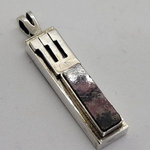 Handmade sterling silver Rose Quartz Mezuzah pendant by S. Ghatan(Katan) with shiny silver Shin. Dimension 0.4 cm X 0.9 cm X 4.2 cm approximately.