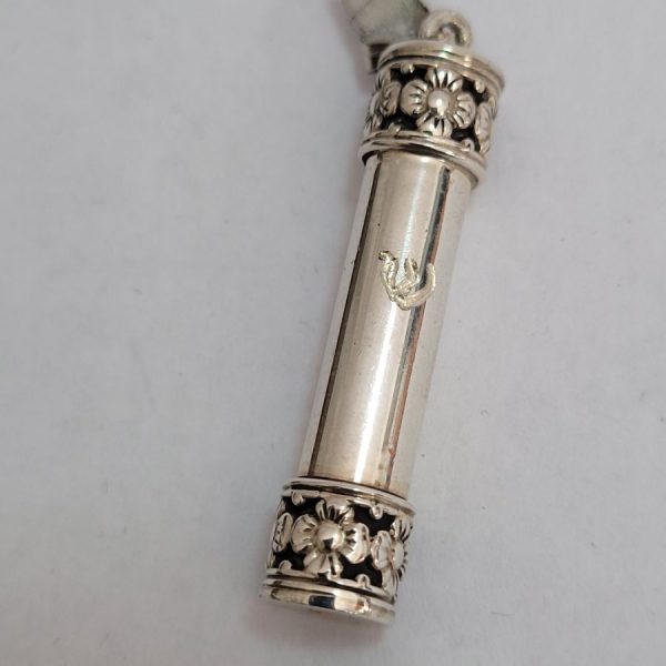 Handmade sterling silver floral designs silver Mezuzah round pendant by S. Ghatan(Katan) with hand engraved Shin diameter 0.8 cm X 4.8 cm approximately.