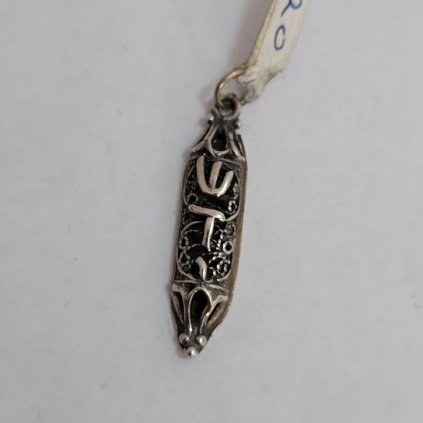 Handmade sterling silver Mezuzah Yemenite Filigree Shaddai pendant with raised letters Shaddai ( G-D) in Hebrew, 0.4 cm X 0.6 cm X 3.2 cm approximately.