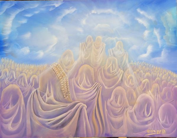 Fine art oil on canvas Mount Sinai sanctity painting on canvas by H. Borosh, where he expresses the descending of sanctity over the Hebrews.