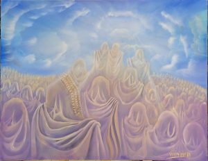 Fine art oil on canvas Mount Sinai sanctity painting on canvas by H. Borosh, where he expresses the descending of sanctity over the Hebrews.