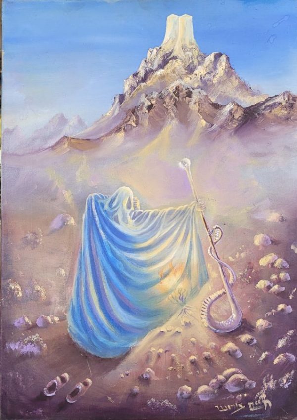 Fine art oil on canvas Moses getting commandments painting on canvas by H. Borosh, where he describes by the light colors the event.