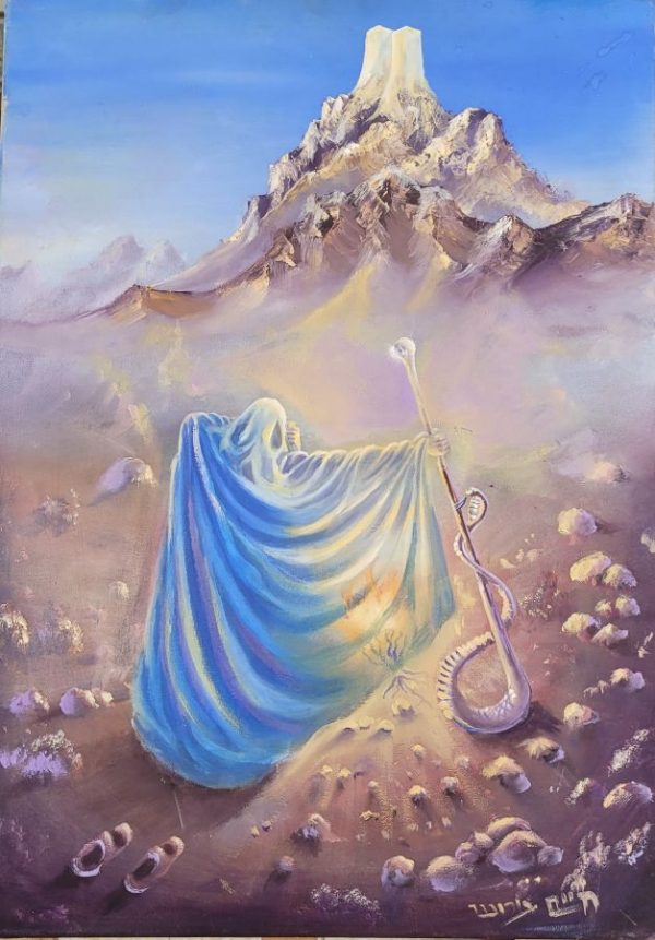 Fine art oil on canvas Moses getting commandments painting on canvas by H. Borosh, where he describes by the light colors the event.