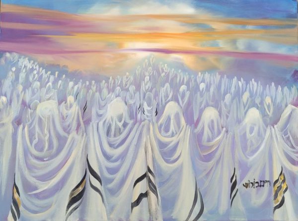 Fine art oil on canvas prayers at sunset painting painting on canvas by H. Borosh, where he expresses the devotion of the Israelites to G-D.