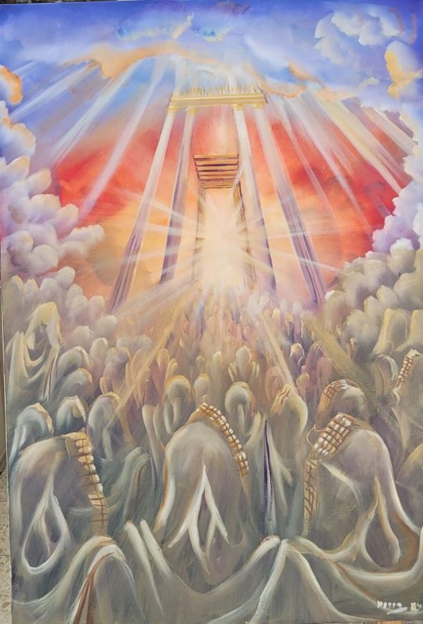 Fine art oil on canvas ew temple descending painting on canvas by H. Borosh, where he expresses the descending of the new and eternal temple.