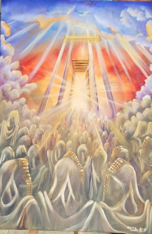 Fine art oil on canvas ew temple descending painting on canvas by H. Borosh, where he expresses the descending of the new and eternal temple.