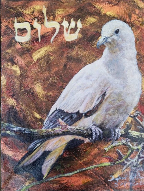 Fine art oil on canvas Shalom peace dove painting on canvas by D. Hatchwel, where he expresses the eagerness for true peace by a white dove.