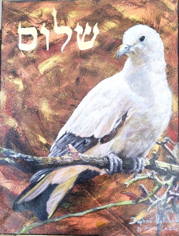 Fine art oil on canvas Shalom peace dove painting on canvas by D. Hatchwel, where he expresses the eagerness for true peace by a white dove.