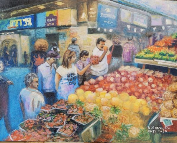 Fine art oil on canvas Jerusalem Mahaney Yehuda market painting on canvas by D. Hatchwel, where she describes the authenticity of the market motions.