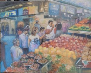 Fine art oil on canvas Jerusalem Mahaney Yehuda market painting on canvas by D. Hatchwel, where she describes the authenticity of the market motions.