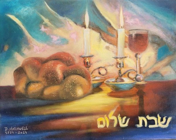 Sabbath evening service painting on canvas by D. Hatchwel, where she describes the wine cup, Sabbath candles and the tasteful braded Challah bread.