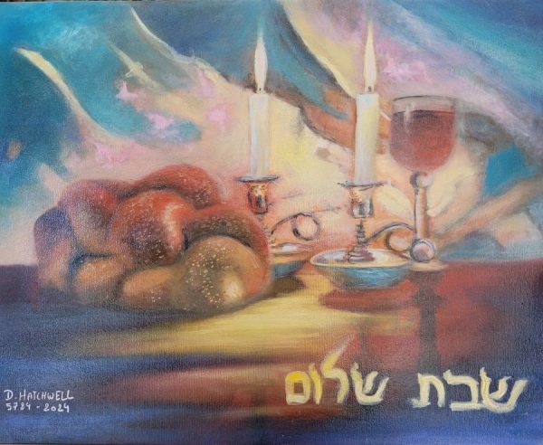 Sabbath evening service painting on canvas by D. Hatchwel, where she describes the wine cup, Sabbath candles and the tasteful braded Challah bread.