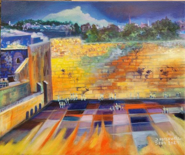 Fine art oil on canvas Kotel western wall painting at  sunset on canvas by D. Hatchwel, where she describes the wall with its spiritual splendor skillfully.