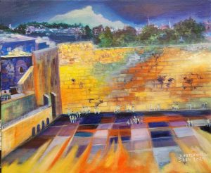 Fine art oil on canvas Kotel western wall painting at  sunset on canvas by D. Hatchwel, where she describes the wall with its spiritual splendor skillfully.
