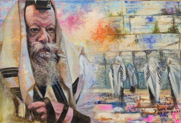 Fine art oil on canvas Lubavitcher at Kotel painting by D. Hatchwel, where she skillfully draw the Lubavitcher Rabbi covered with his Tallit.