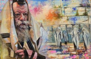 Fine art oil on canvas Lubavitcher at Kotel painting by D. Hatchwel, where she skillfully draw the Lubavitcher Rabbi covered with his Tallit.