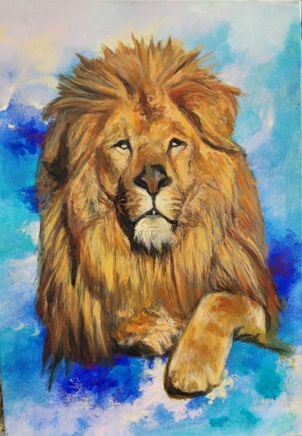 Judah's rising Lion Oil Painting by D. Hatchwel, where she skillfully draw the Judah's lion over Israel flag protecting it from assailants.