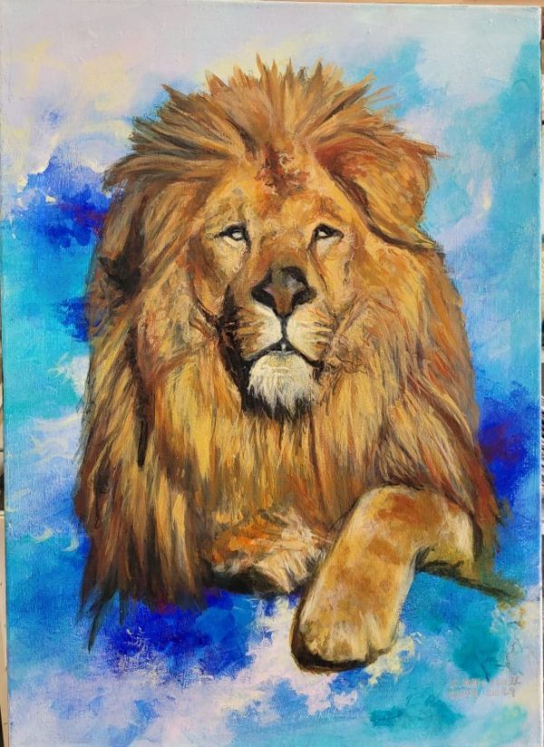 Judah's rising Lion Oil Painting by D. Hatchwel, where she skillfully draw the Judah's lion over Israel flag protecting it from assailants.