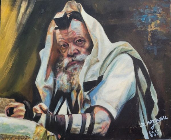 Fine art oil on canvas Lubavitcher reads Torah painting by D. Hatchwel, where she skillfully draw with a Rembrandt style the Lubavitcher Rabbi.