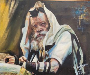 Fine art oil on canvas Lubavitcher reads Torah painting by D. Hatchwel, where she skillfully draw with a Rembrandt style the Lubavitcher Rabbi.