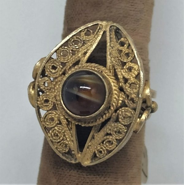 Handmade sterling silver 24 carat gold plated vintage eye shape  Yemenite Filigree Tiger Eye stone ring set with tiger eye stone.