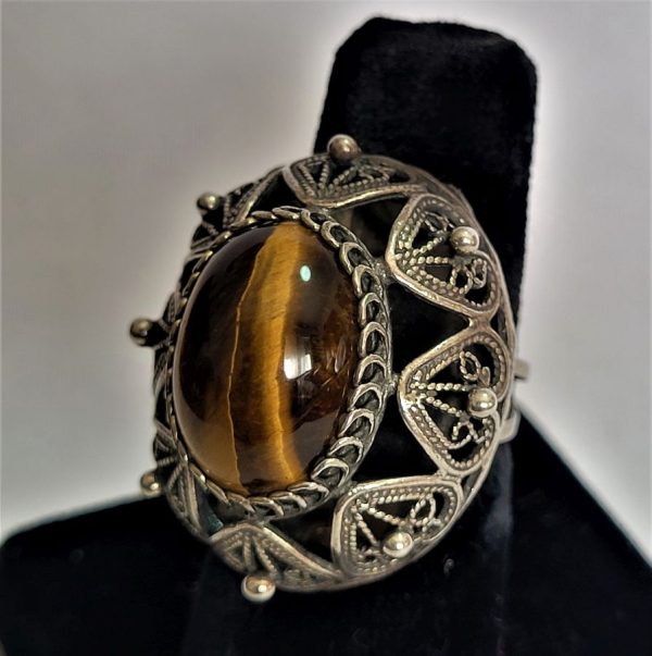 Vintage genuine oval sterling silver oval Tiger's Eye cabochon ring with vintage oval fine Yemenite Filigree design adjustable.