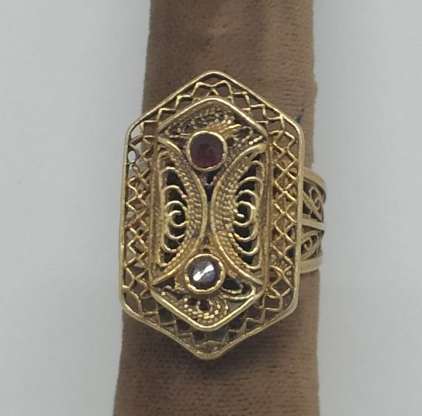 Handmade sterling silver 24 carat gold plated vintage hexagon Yemenite Filigree ring style hexagon shape set with 2 garnet stones.