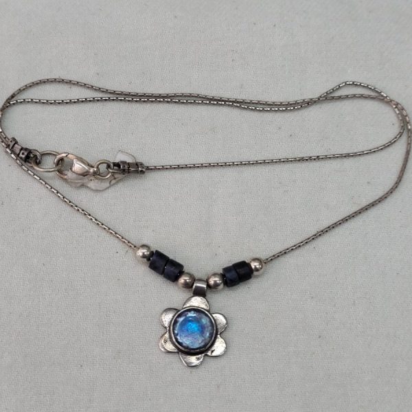 Handmade sterling silver MagenDavid Roman glass necklace set with genuine antique Roman glass and 4 Lapis Lazuli round tubes.