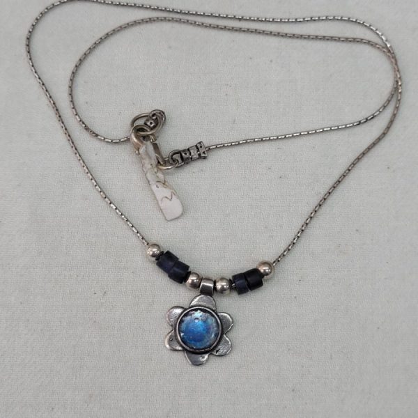 Handmade sterling silver MagenDavid Roman glass necklace set with genuine antique Roman glass and 4 Lapis Lazuli round tubes.