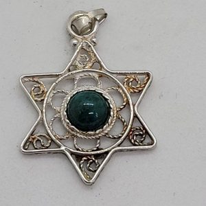 Handmade sterling silver Elat stone MagenDavid Filigree Yemenite pendant set with cabochon Elat stone from Israel 2.1 cm X 3.1 cm X 0.45 cm approximately.