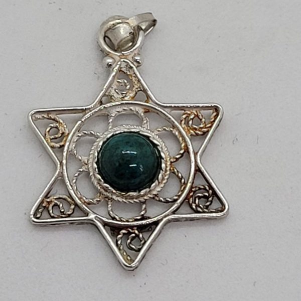 Handmade sterling silver Elat stone MagenDavid Filigree Yemenite pendant set with cabochon Elat stone from Israel 2.1 cm X 3.1 cm X 0.45 cm approximately.