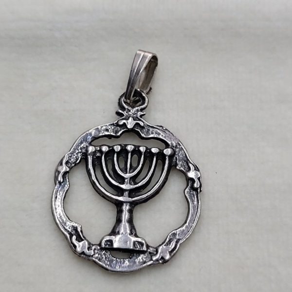 Handmade sterling silver framed Menorah pendant, can be made in gold by request. For gold request, please inquire its actual price, 2.9  cm X 1.9  cm.