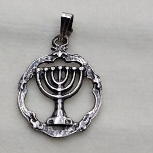 Handmade sterling silver framed Menorah pendant, can be made in gold by request. For gold request, please inquire its actual price, 2.9  cm X 1.9  cm.