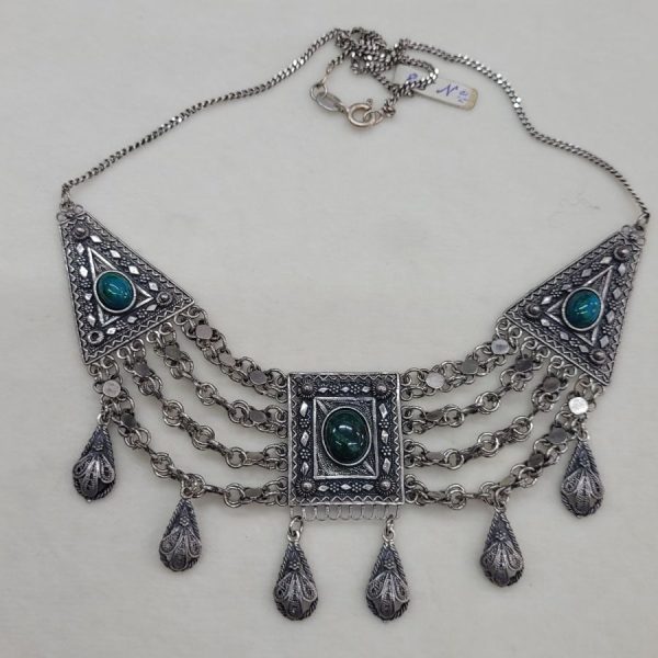 Yemenite jeweler made this very fine vintage Yemenite filigree Elat stone necklace filigree handmade in early 1950's set with 3 cabochon Elat stones.